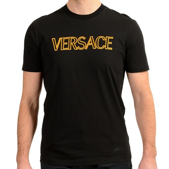 Versace Men's Black Short Sleeve Gold Logo Embroidery T-Shirt US 2XL IT 56
